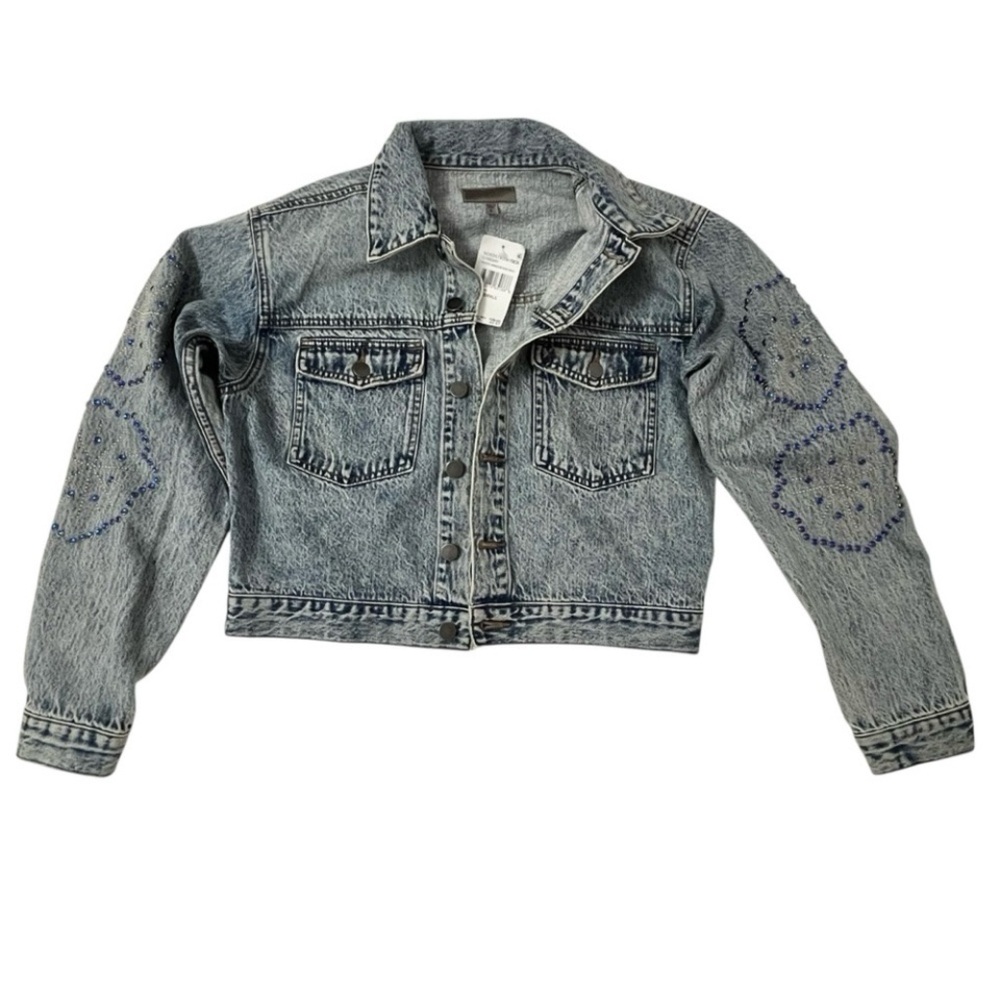 KUT from the Kloth Dolly Smiley Patch Cropped Denim Jacket NWT Small Rhinestones